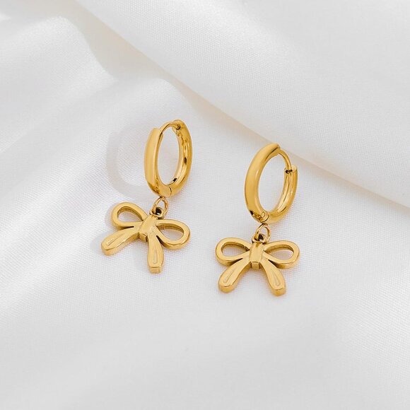 Gold Bow Hoop Earrings Delicate 14K Gold Plated Silver Jewelry for Women - Picture 4 of 8